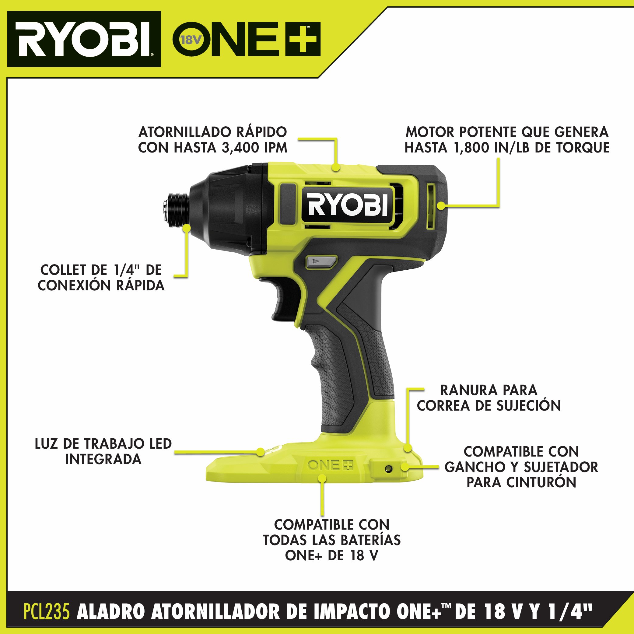 RYOBI ONE+ PCL1600K2 Kit combinado inalámbrico de 6 herramientas de 18 V  con batería de 1.5 Ah, batería de 4.0 Ah y cargador