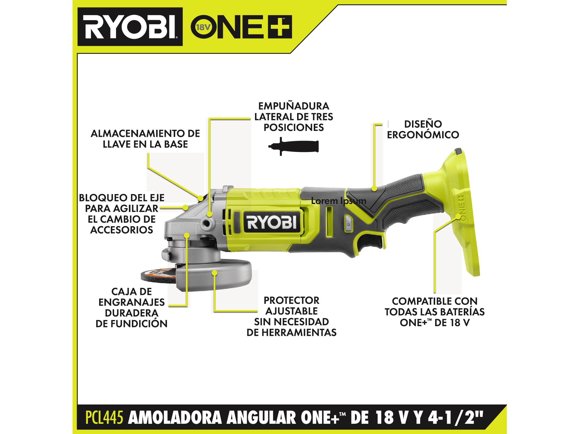 Ryobi ONE+ Amoladora angular de batería con batería y cargador R18AG-140S  (18 V, 1 batería, 4 Ah, Diámetro disco: 115 mm, 7.500 r.p.m.)