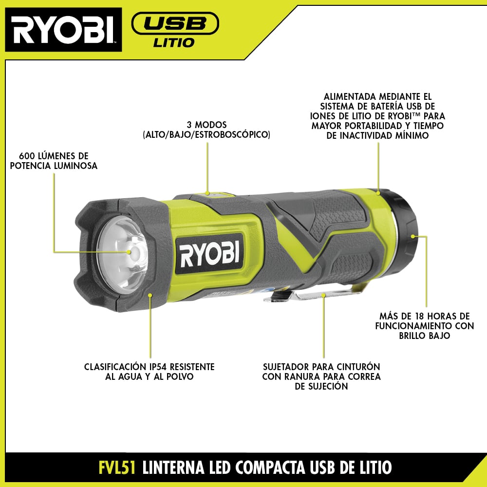 KIT DE LINTERNA LED COMPACTA USB DE IONES DE LITIO - Herramientas RYOBI